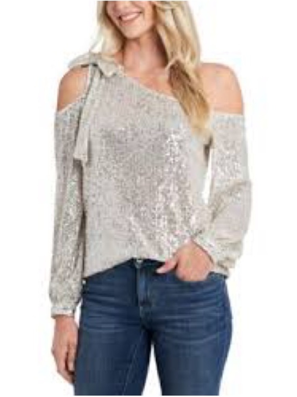CeCe Asymmetrical Silver Sequin Blouse